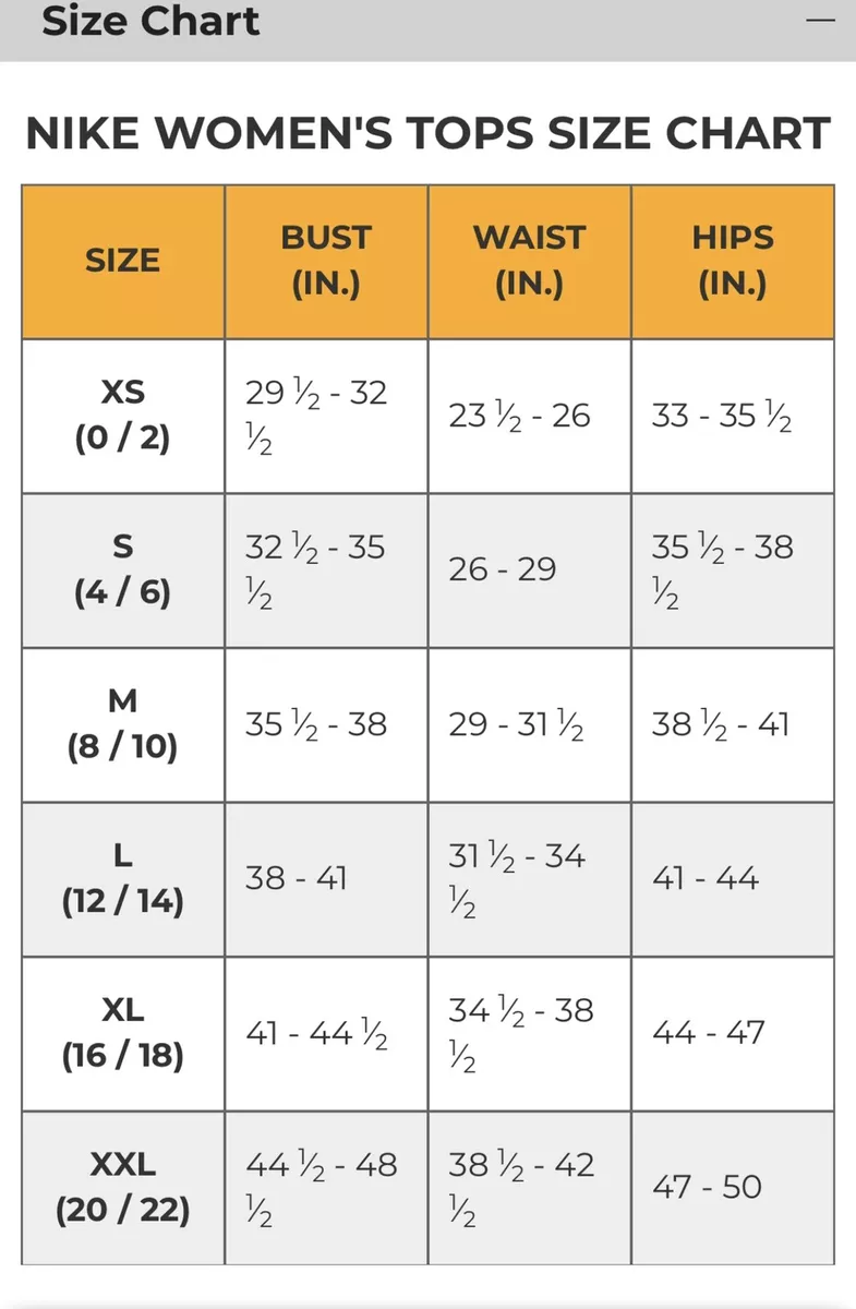 Nike womens hotsell top size chart