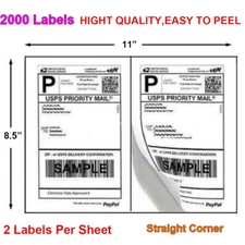 2000 Premium 8.5"x 5.5" Half Sheet Self Adhesive Shipping Labels 2 Per Sheet