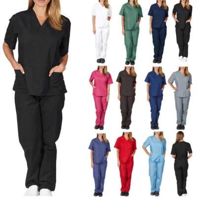 Mens Womens 2 Piece Suit Hospital Medical Doctor Nurse Uniform Scrubs Top& Pants