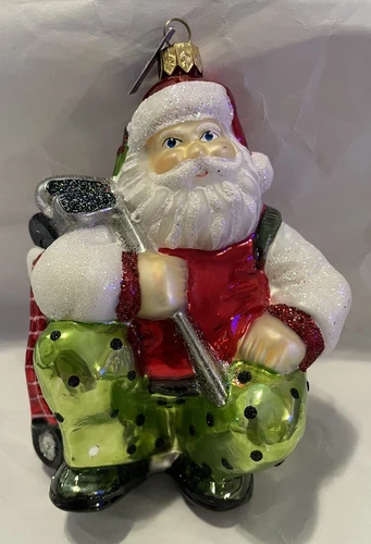 Vtg Glassware Art Studio Poland Santa Golf Hand Blown Glass Christmas Ornament