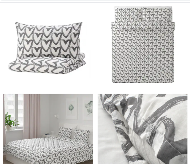 IKEA Lyktfibbla Full Queen HEART Duvet Cover Set Pillowcase,2,Gray