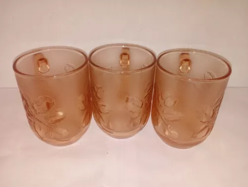 Vintage Arcoroc France Frosted Pink Glass Rose Coffee Cups Mugs Set Of 3 8oz