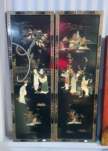 Vintage Oriental Black Lacquer 2 Panel Wall Art