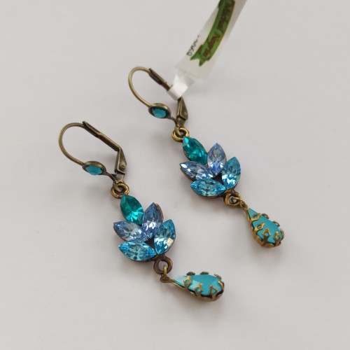 Michal Negrin Earrings Blue Shades Leaves Cluster Royal Sparkly Crystals Long - Picture 15 of 15