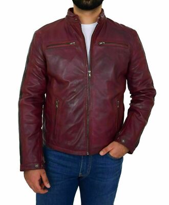 Classy Mens Genuine Lambskin Distressed Leather Jacket Retro Biker Burgundy Coat