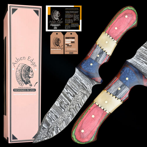 Ashen Edge Hand Forged Skinner Knife Twist Damascus Bone and Wood Hunting