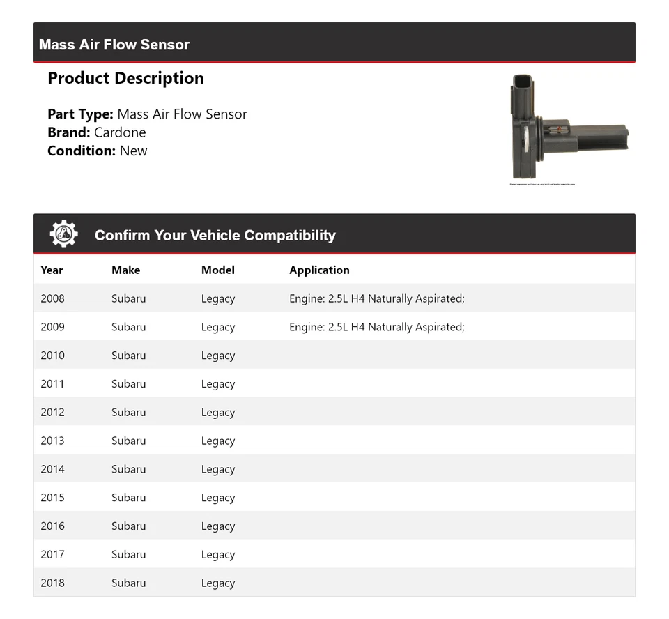 Sensor de flujo de aire masivo Cardone para Subaru Legacy 2008-2018 2009 2010 2011 2012 Foto 2 de 4
