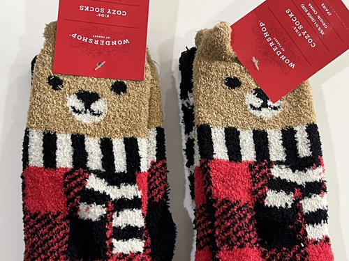4 Pairs Kids Bear Cozy Crew Socks Wondershop XS/S (11-1) Winter Plaid Red/Black - Picture 2 of 4