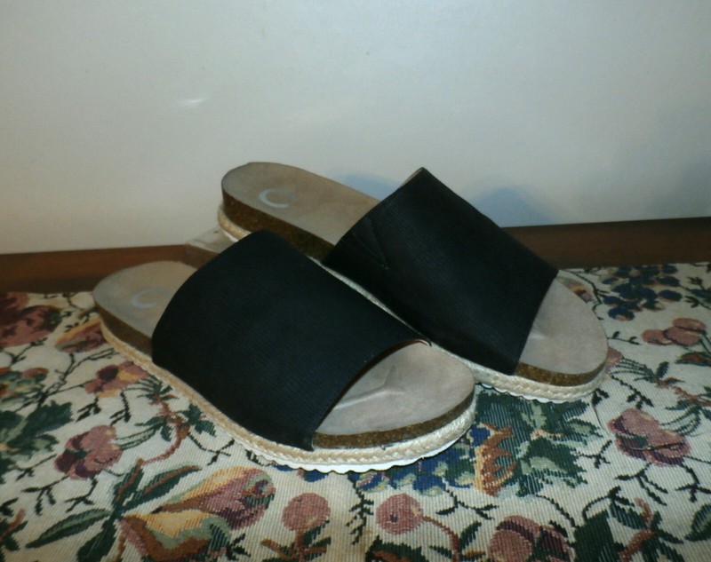 Black Fabric/Jute/Cork Peep Toe 1" Slides Worn Once