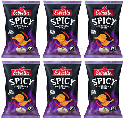 6 ESTRELLA SPICY Sourcream & Chilli Flavor Potato Chips Snacks Bags 115g 4oz