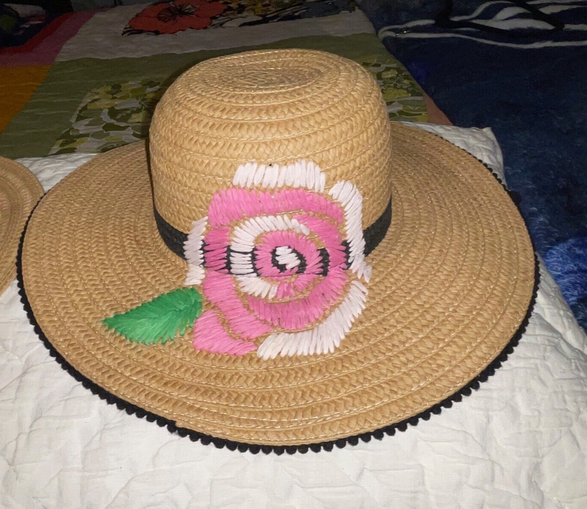 Betsey Johnson Embroidered Floral Straw Hat Beaded Trim  display picture 2
