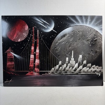 Original Spray Paint Art Painting Outer Space Sci-fi Planets Bridge Lighthouse