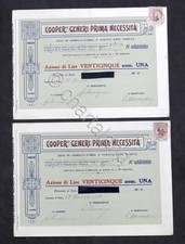 Due Certificati Azionari - Una Azione - Coop. Generi Prima Necessità - 1920