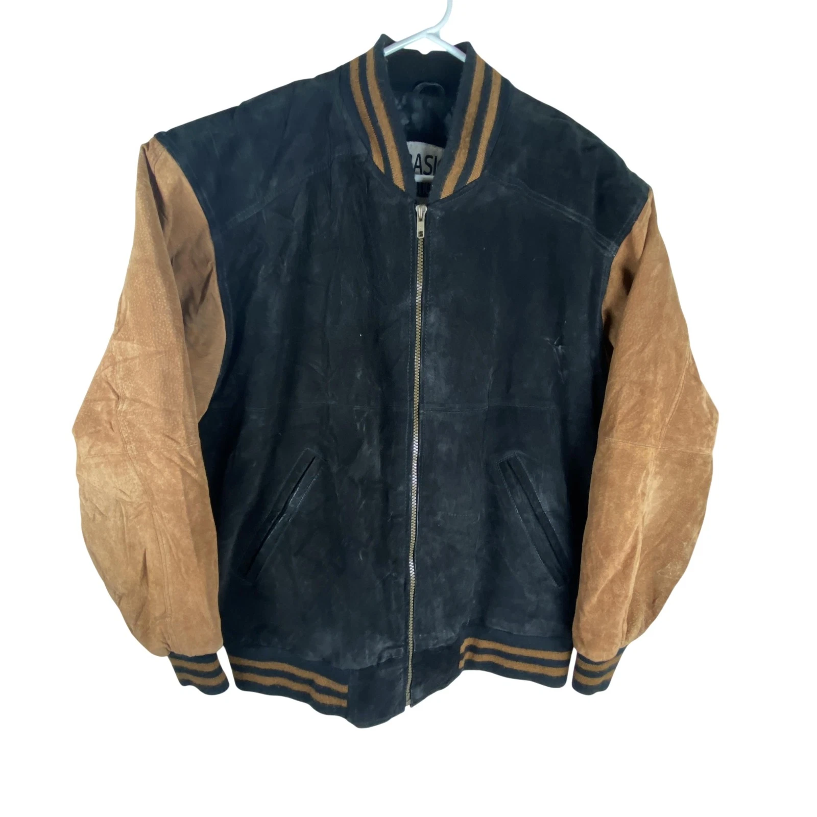 Basic Editions Jacket Mens Medium Black Brown Leather Varsity Bomber Lined Warm