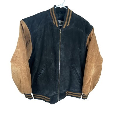 Basic Editions Jacket Mens Medium Black Brown Leather Varsity Bomber Lined Warm