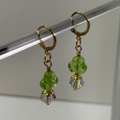 Green Clover Glass Bead 24K Leverback Dangle Earrings St Patricks  Crystal Drop