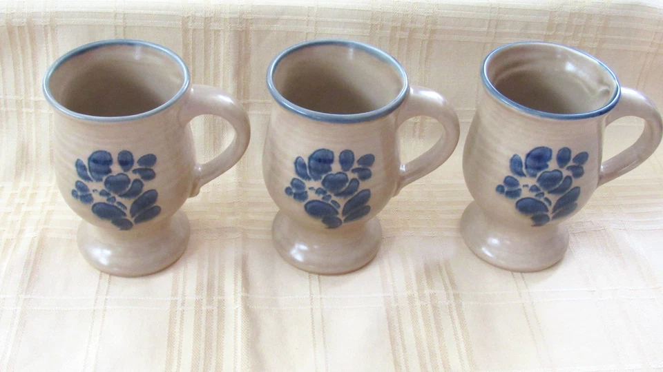 Set of 3 Vintage Pfaltzgraff Tan & Blue Pedestal Mugs - Image 2 of 4
