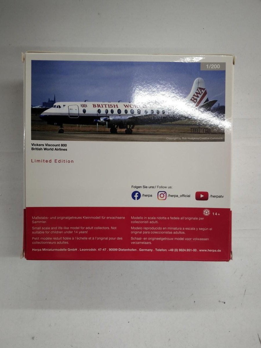 Herpa Vickers Viscount 800 1/200 Scale British World Airlines | eBay