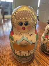 Russian Nesting Matryoshka Dolls 4 Piece Set Gold Color Wood-Burned Hand-Painted