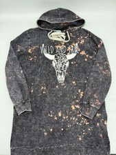 Zenana Womens L “Wild & Free” Charcoal Acid Wash Oversized Hoodie Dress Comfort