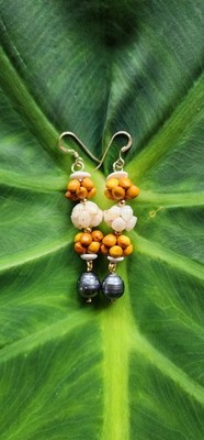 NATIVE HAWAIIAN Crown Flower Momi +  Mamane + Tahitian Pearl Earrings 14k