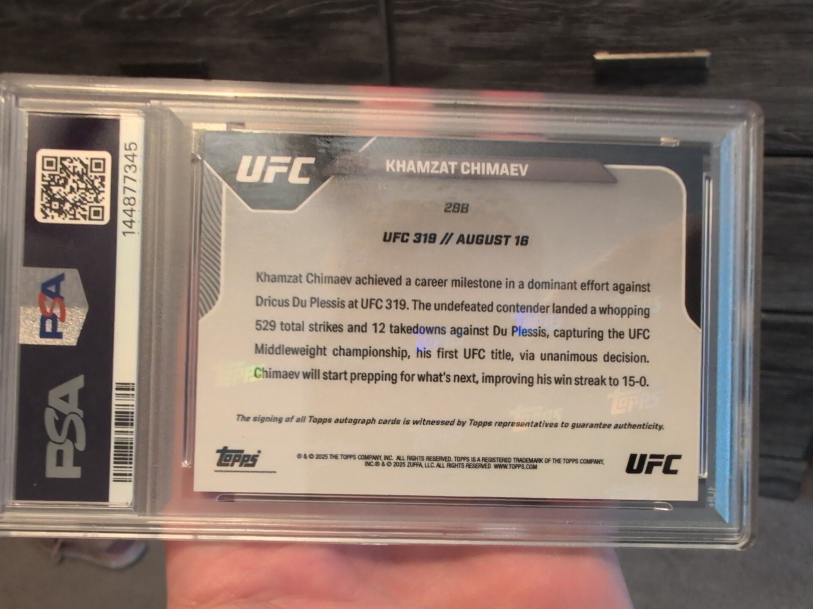 2025 Topps Now UFC Khamzat Chimaev Autograph 1/5 PSA 10 view 3