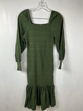 Anthropologie Women’s Green Smocked Midi Dress Puff Sleeve size XS