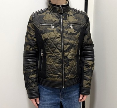 DDP Philipp Plein Womens Camo Camouflage Biker Jacket Spikes Biker Moto size L