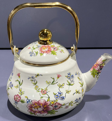 Retro Floral Emaille Teekanne mit Goldgriff, Herdplatte Rostfrei Glocke Wasserkocher