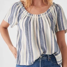 Faherty Annabelle top shirt blouse navy blue slub stripe boho scoop gathered S