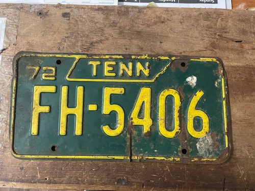 Tennessee 1972 License Plate That Starts With FH-does Have Damage-green