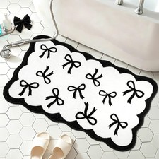 Scalloped Bath Rug Bows Bathroom Black White Mat Girl Women Bedroom Decor