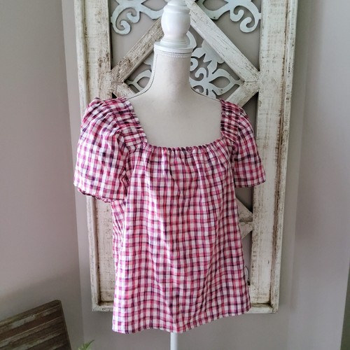 Zac & Rachel Women's Petite Short Puff Sleeve Square Neck Plaid Top Pink Black