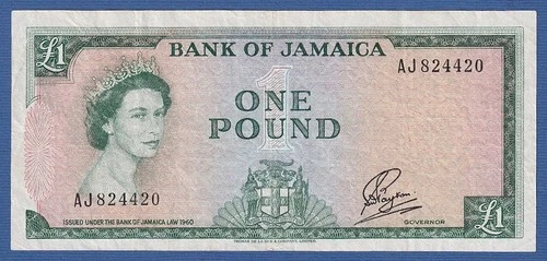 JAMAICA -- 1 POUND L.1960 ( 1961 ) -- FINE+ -- SIGNATURE 1 -- LATIN MOTTO - P.51