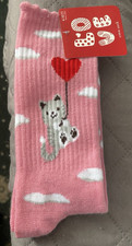 LOVE WOMANS CREW SOCKS PINK WITH GRAY CAT HOLDING HEART BALLOON SIZE 4-10 NEW