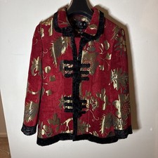 Asian Inspired Red Gold Woven Brocade Jacket Frog Closure Statement Medium
