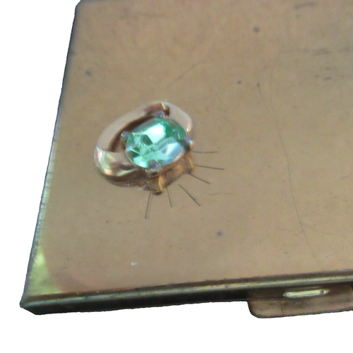 Brass and Green Faux Stone Ring Design Volupte Compact w Mirror Vintage - Picture 3 of 7