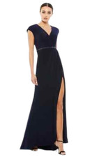 Mac Duggal Gown Dress Size 0 Navy Faux Wrap Front Slit Jewel Cap Sleeve NEW