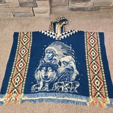 Alpaca Wool Hooded Poncho Unisex Aztec Chief Wolf Eagle Native American Blue