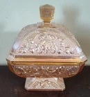 Vintage Jeanette Amberina Square Pedestal Candy Dish Lid Acorn Iridescent
