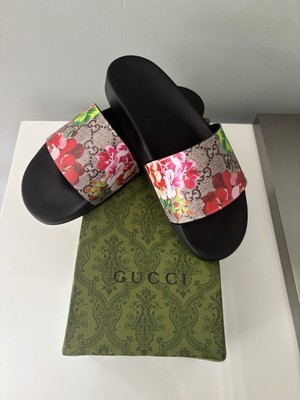 Gucci Slides Pink Floral Black (Women's) Size 39 US 8.5/9 Sandals
