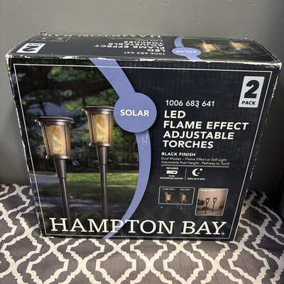 #ad Hampton Bay Solar Matte Black Flicker Flame Torch Path Light New Open Box $22.00