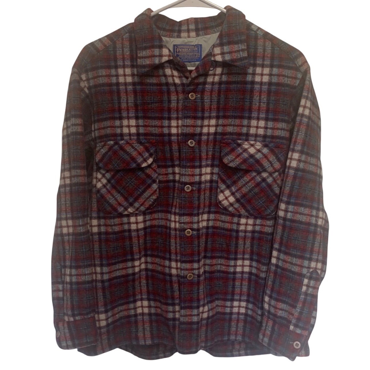 Vintage Pendleton Board Shirt XL Red Blue Plaid Wool Flannel Made in USA