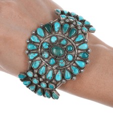 6.75" c1940's Zuni Cluster turquoise and sterling silver cuff bracelet
