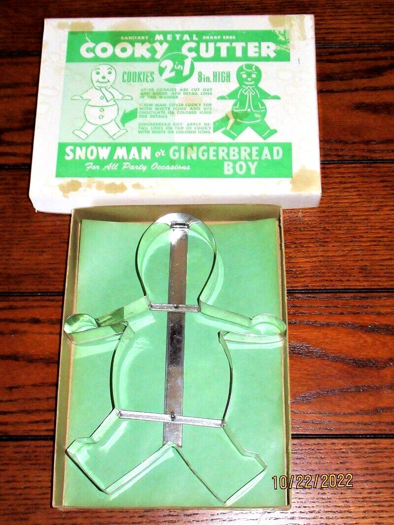 VTG 8" JUMBO METAL SNOWMAN OR GINGERBREAD BOY COOKIE CUTTER + BOX CHRISTMAS