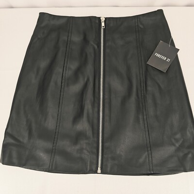 Forever 21 Faux Leather Mini Skirt Full Zip Front Black Small NWT