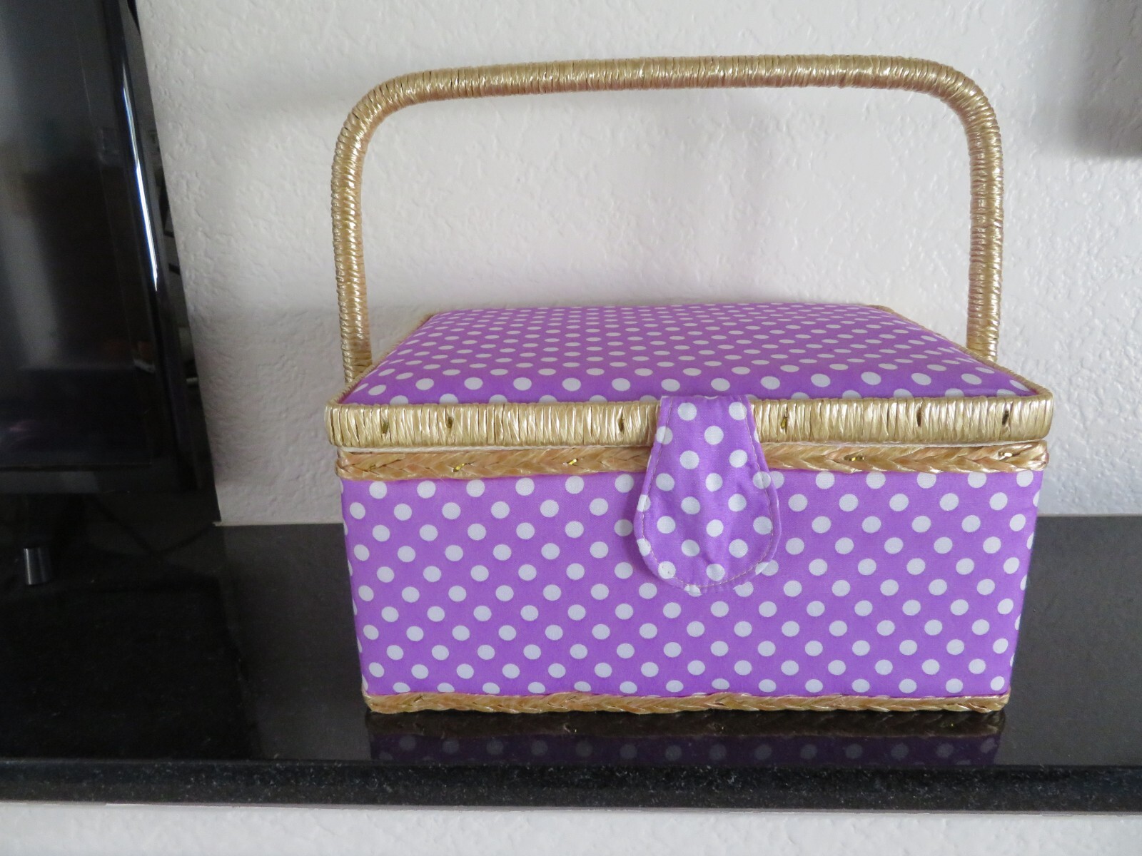 VINTAGE NEW PURPLE POKA-DOT SEWING STORAGE BOX