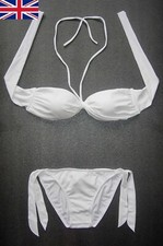 White BIKINI Set Halterneck Bandeau Swimwear Adjustable Straps Padded Bra Cups