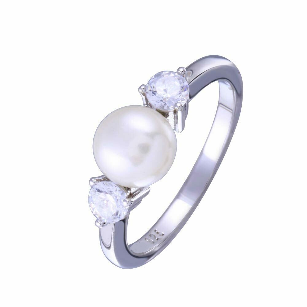 Sterling Silver Ring w/ 6 mm Pearl & Cubic Zirconia Stones