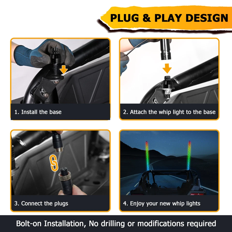 Par de luces de látigo RGB de 4 pies + cable de luz de látigo con llave para Polaris Ranger 570 800 XP900 Foto 4 de 4